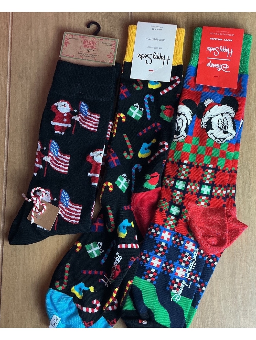 3 pair Christmas Holiday Socks Lot Disney Mickey Happy Socks Santa Novelty